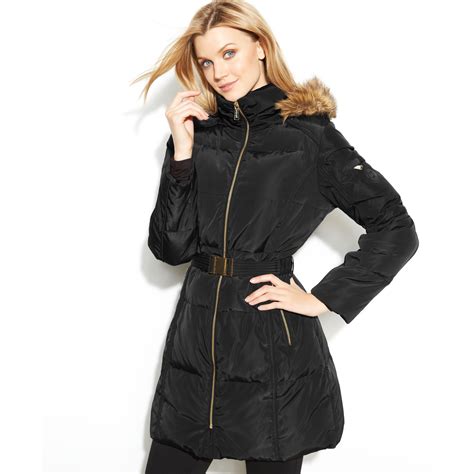 michael kors black shiny belted puffer jacket|Michael Kors puffer jacket sale.